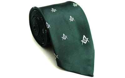 Masonic Regalia Silk Tie Embroidered Square Compass & G Green