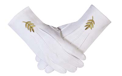 Masonic Acacia Leaf Machine Embroidery White Cotton Gloves